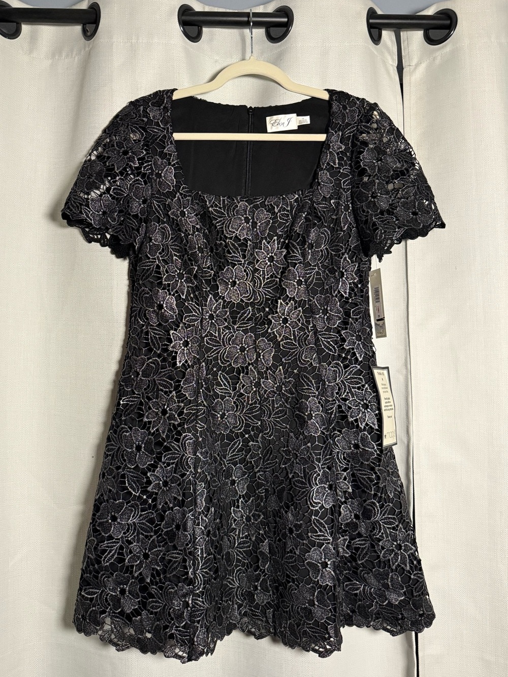 Eliza J Petite Black and Silver Square Neck Lace Fit and Flare Dress Size 10 P - Picture 6 of 13